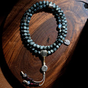 Buddha Stones 925 Sterling Silver 108 Mala Beads Eagle's Eye Stone Moonstone Positive Bracelet Mala Bracelet BS 1