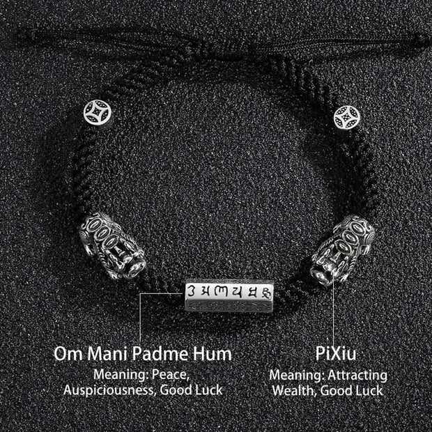 Buddha Stones Double PiXiu Feng Shui Copper Coin Om Mani Padme Hum String Bracelet Bracelet BS 14