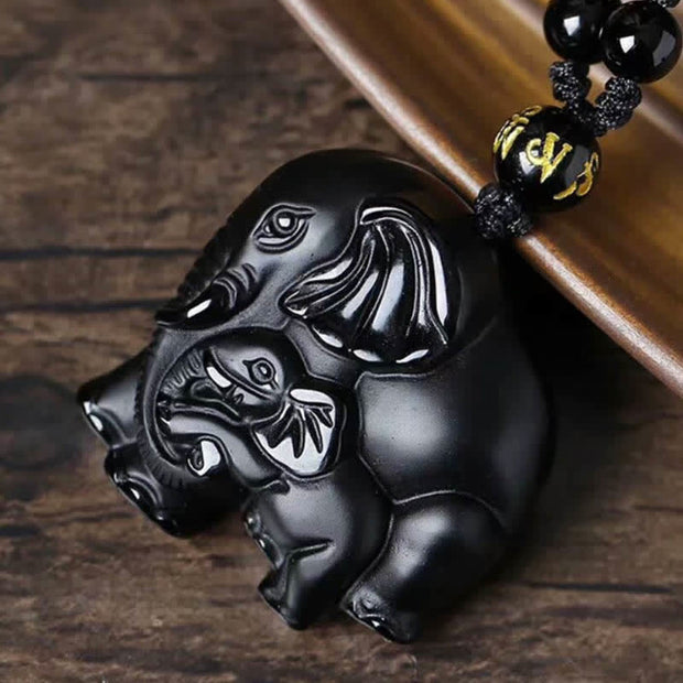 Buddha Stones Black Obsidian Elephant Protection Strength Necklace Pendant Necklaces & Pendants BS 5