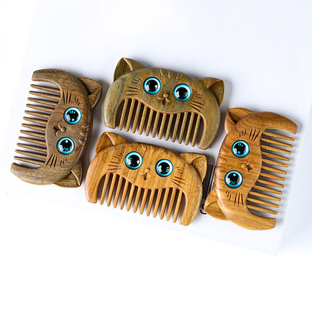 Buddha Stones Simple Cat Pattern Green Sandalwood Cure Portable Comb Comb BS 7