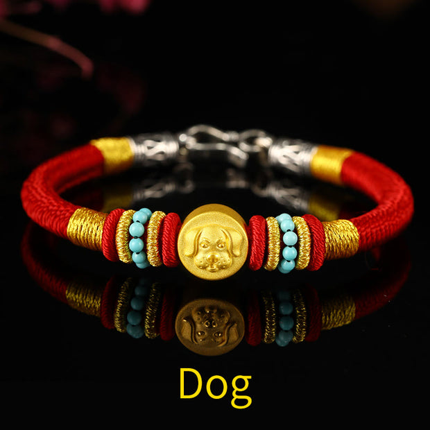 Buddha Stones 999 Gold Chinese Zodiac Om Mani Padme Hum King Kong Knot Protection Handcrafted Bracelet Bracelet BS Dog 19cm
