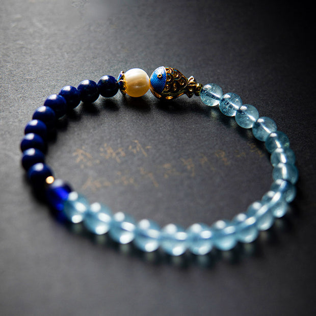 Buddha Stones Natural Aquamarine Lazurite Fish Healing Bracelet ...