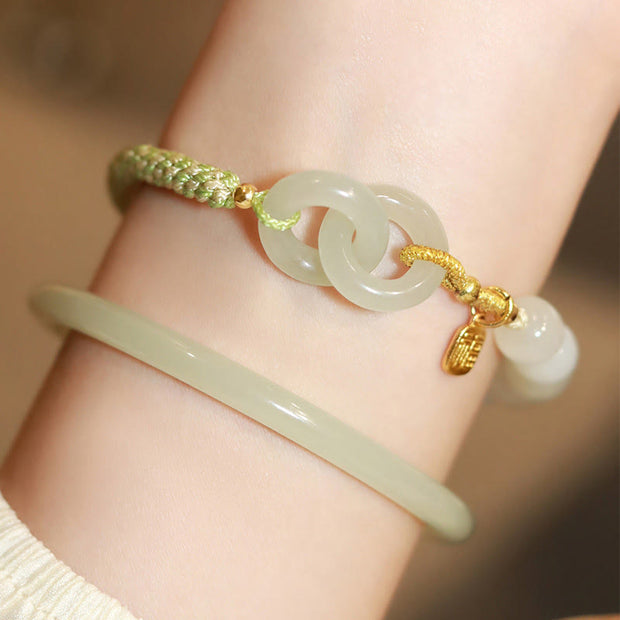 Buddha Stones Natural Hetian Jade Bead Double Peace Buckle Fu Character Abundance Braided Bracelet Bracelet BS 18
