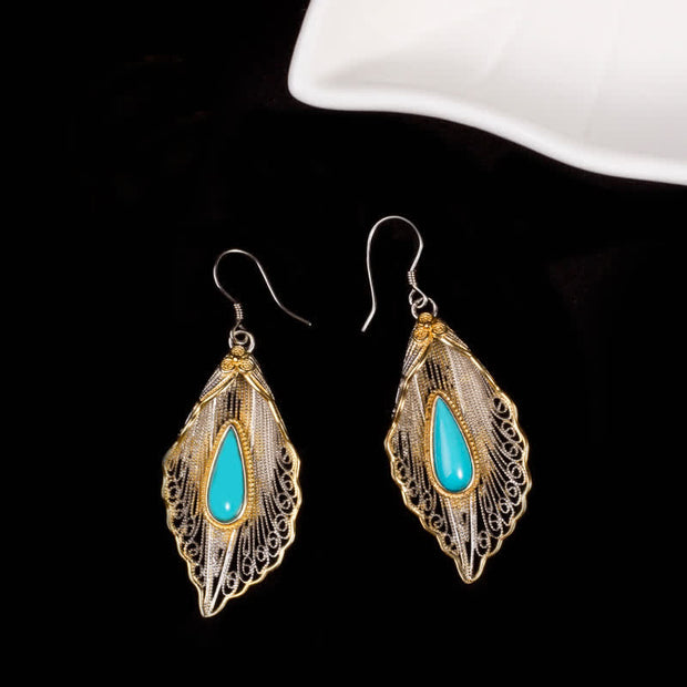 Buddha Stones 925 Sterling Silver Turquoise Bodhi Leaf Pattern Protection Drop Dangle Earrings Earrings BS 12