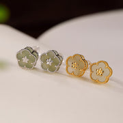 Buddha Stones 925 Sterling Silver Hetian Jade Plum Flower Luck Stud Earrings