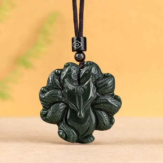 Buddha Stones Hetian Cyan Jade Nine Tailed Fox Luck Necklace String Pendant Necklaces & Pendants BS 5