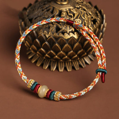 Buddha Stones Handmade 925 Sterling Silver Hetian Jade Dunhuang Color Rope Luck Braided Bracelet