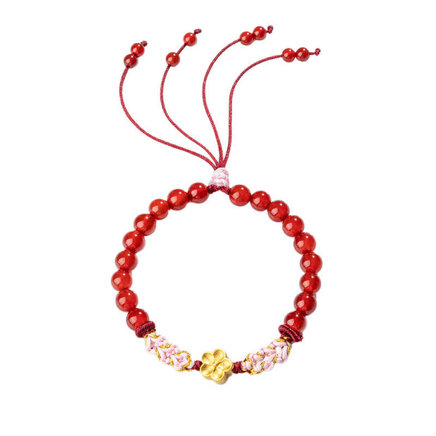 Buddha Stones 999 Sterling Silver Natural Red Agate Pink Crystal Cherry blossom Bracelet Bracelet BS 13