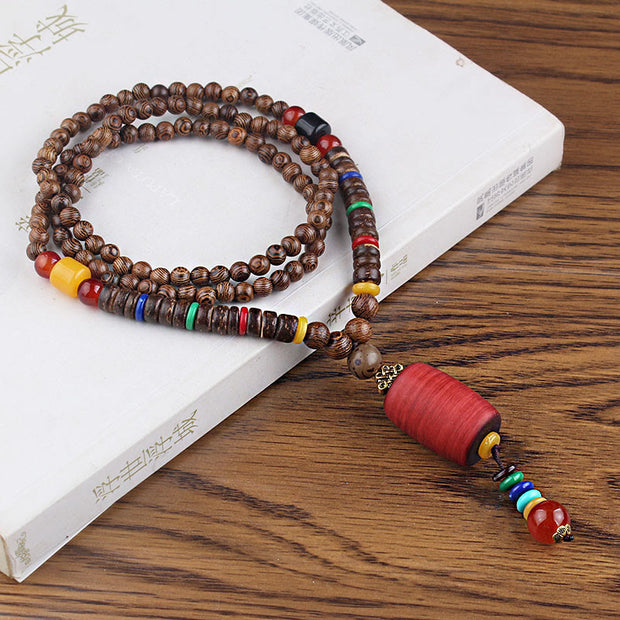 Buddha Stones Tibetan Wenge Wood Bodhi Seed Agate Balance Peace Necklace Pendant Necklaces & Pendants BS Wenge Wood&Red Cylinder