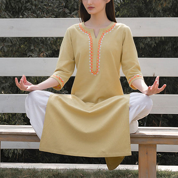 Buddha Stones 2Pcs V-neck Embroidery Yoga Clothing Zen Meditation Cotton Linen Top Pants Women's Set Clothes BS Yellow Top&White Pants XXL