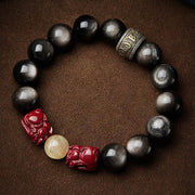 Buddha Stones Gold Sheen Obsidian PiXiu Cinnabar Om Mani Padme Hum Protection Bracelet Bracelet BS 10