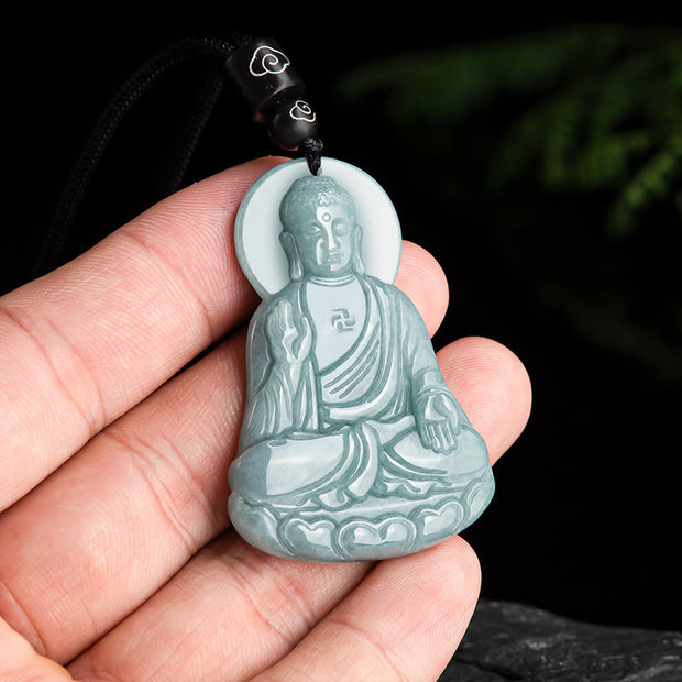 Buddha Stones Amitabha Buddha Natural Jade Lotus Amulet Compassion String Necklace Pendant Necklaces & Pendants BS 2