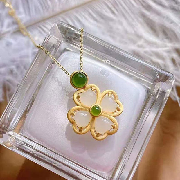 Buddha Stones 925 Sterling Silver Lucky Four Leaf Clover Jade Prosperity Necklace Chain Pendant Necklaces & Pendants BS 8