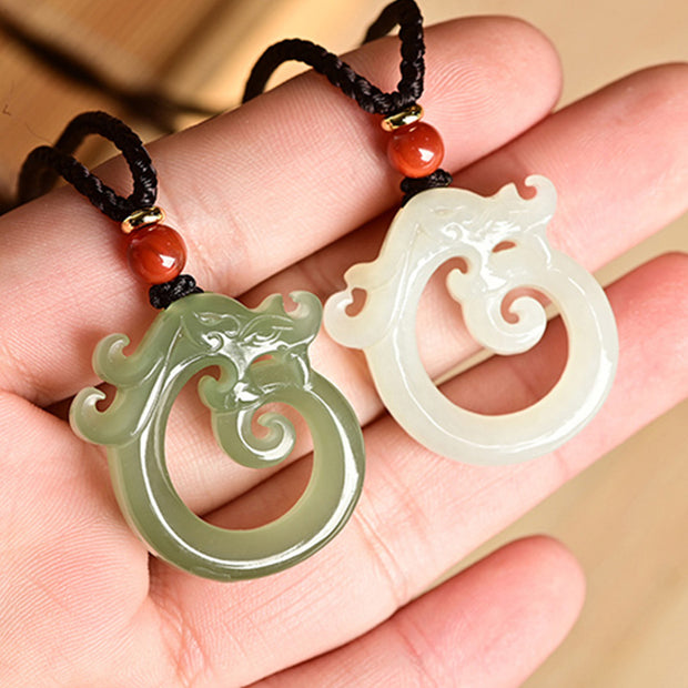 Buddha Stones White Jade Cyan Jade Dragon Protection Necklace String Pendant Necklaces & Pendants BS 8