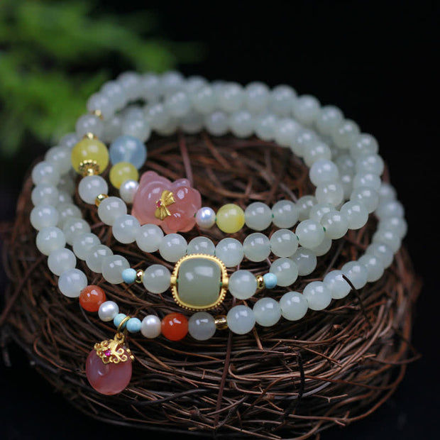 Buddha Stones Natural Hetian Jade Pink Crystal Peace Buckle Happiness Abundance Bracelet Bracelet BS Jade ( Protection ♥ Happiness)