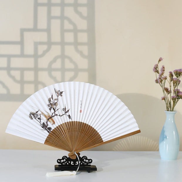 Buddha Stones Bird Flowers Orchid Handheld Paper Bamboo Folding Fan