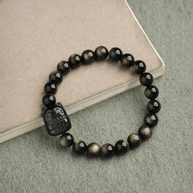 FREE Today: Absorbing Negative Energy Gold Silver Sheen Obsidian Cute Cat  Protection Bracelet FREE FREE Gold Sheen Obsidian Lucky Cat 8mm