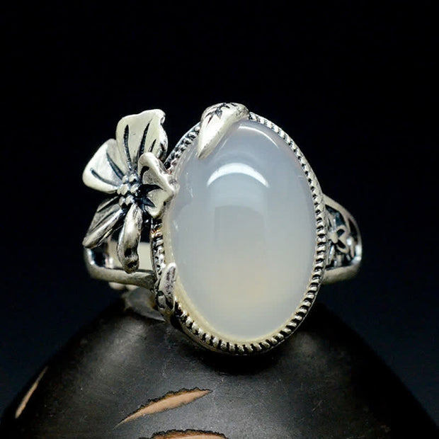 Buddha Stones 990 Sterling Silver Natural Chalcedony Plum Positive Harmony Ring Ring BS 10