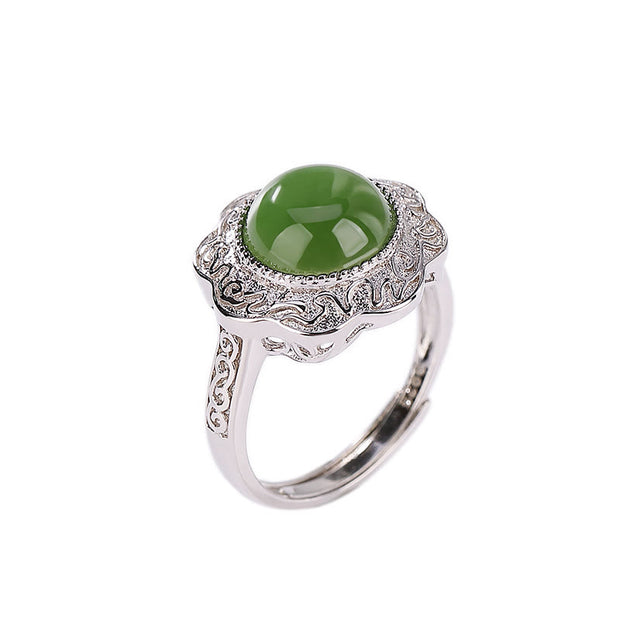 Buddha Stones 925 Sterling Silver Hetian Cyan Jade Flower Design Luck Adjustable Ring Ring BS 5