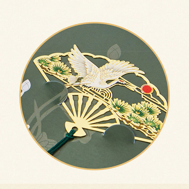 Buddha Stones Traditional Butterfly Lotus Flower Crane Dragon Phoenix Fox Koi Fish New Beginning Metal Brass Hollow Fan Bookmarks