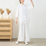 Buddha Stones 2Pcs Simple Chinese Frog Button Design Top Pants Meditation Yoga Zen Tai Chi Cotton Clothing Women's Set