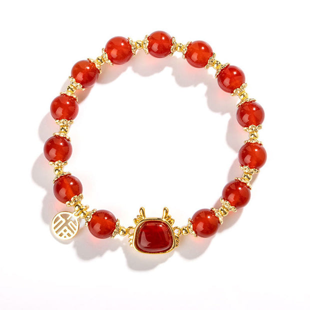 Buddha Stones Year Of The Dragon Natural Red Agate Black Onyx Luck Fu Character Bracelet Bracelet BS 4