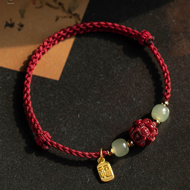 Buddha Stones Natural Cinnabar Chinese Zodiac Hetian Jade Fu Character Luck Rope Bracelet Bracelet BS 13