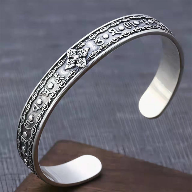 Buddha Stones 925 Sterling Silver Om Mani Padme Hum Double Dorje Engraved Wisdom Cuff Bracelet Bangle