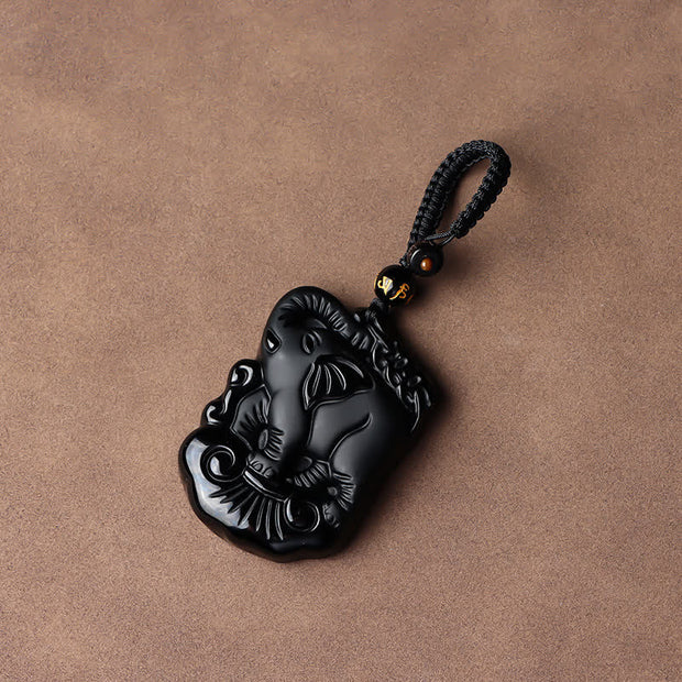 Buddha Stones Black Obsidian Elephant Protection String Necklace Pendant Key Chain Necklaces & Pendants BS Black Obsidian Key Chain