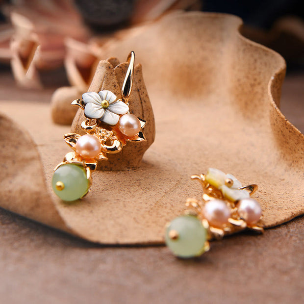 Buddha Stones 14K Gold Plated Tridacna Stone Flower Pearl Green Aventurine Bead Drop Earrings
