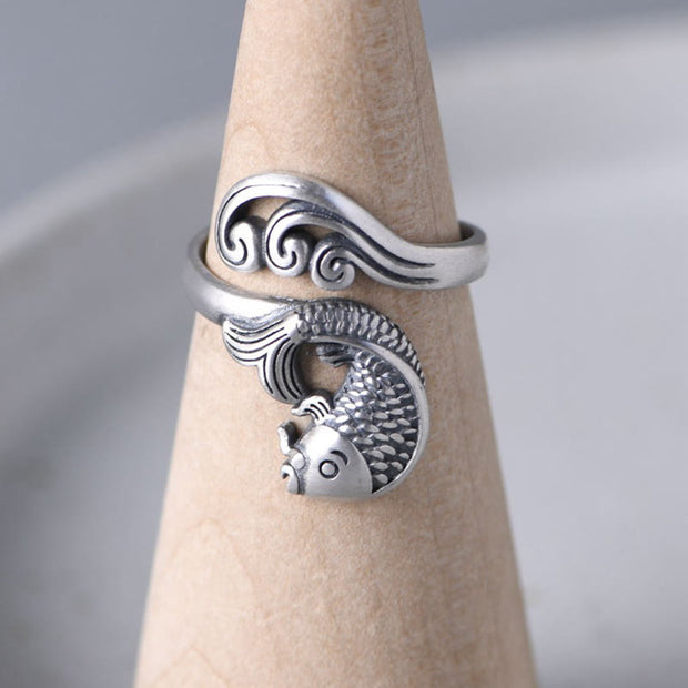 Buddha Stones 925 Sterling Silver Koi Fish Water Ripple Luck Wealth Ring Ring BS 10