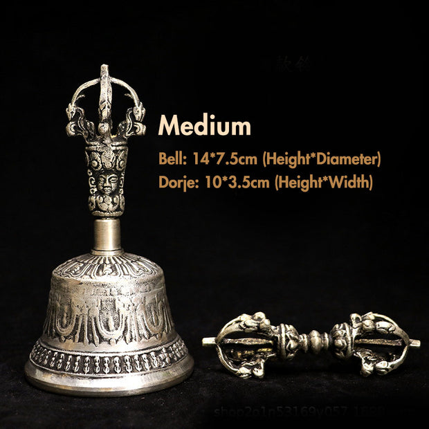 Buddha Stones Tibetan Meditation Bell and Vajra Dorje Copper Decoration Set Buddhist Supplies BS Silver Medium