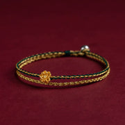 Buddha Stones 999 Gold Lotus Handmade Blessing Braid String Double Layer Bracelet Bracelet BS Green Gold Lotus 19-21cm