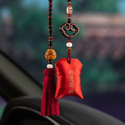 Buddha Stones Tibetan Small Leaf Red Sandalwood Lotus Cinnabar Sachet Protection Tassel Car Hanging Decoration
