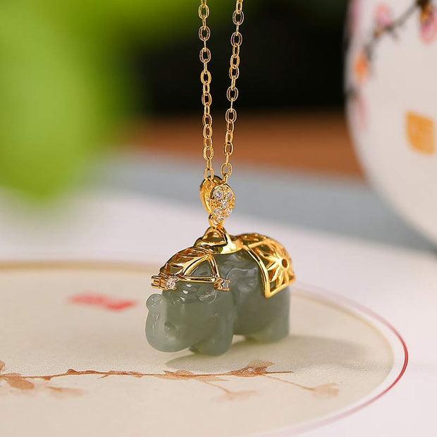 Buddha Stones 925 Sterling Silver Jade Elephant Blessing Fortune Necklace Chain Pendant Necklaces & Pendants BS Jade