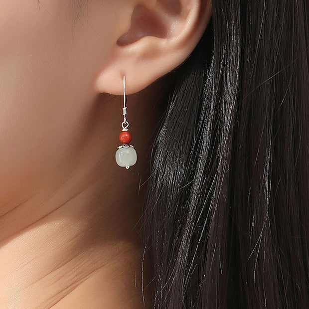 Buddha Stones 925 Sterling Silver Hetian White Jade Pumpkin Red Agate Luck Drop Earrings Earrings BS 3