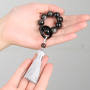 Buddha Stones Black Obsidian Silver Sheen Obsidian Purification Tassel Wrist Mala Wrist Mala BS 12mm