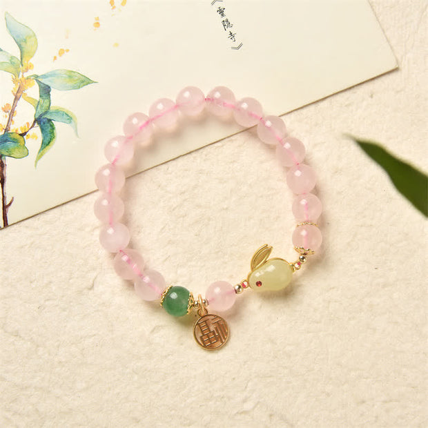 Year of the Rabbit Natural Pink Crystal Green Agate Bunny Love Happiness Bracelet Bracelet BS 6