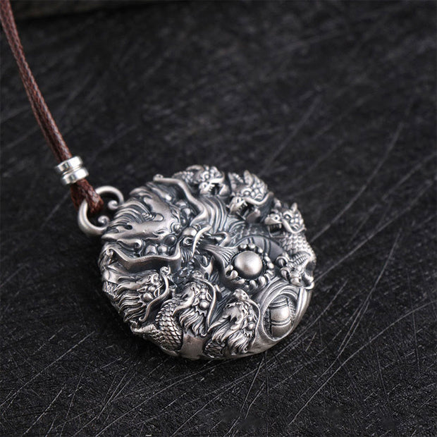 Buddha Stones 999 Sterling Silver Nine Dragons Playing With A Pearl Luck Protection Necklace Pendant Necklaces & Pendants BS 5