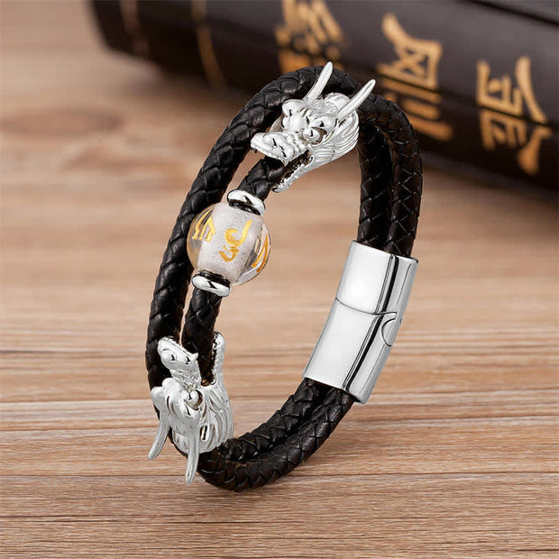 Buddha Stones Double Dragon Head Leather Stone Titanium Steel Success Bracelet
