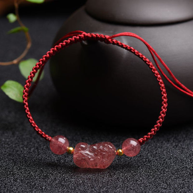 Buddha Stones Natural Strawberry Quartz PiXiu Lucky Red String Bracelet