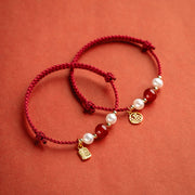 Buddha Stones 925 Sterling Silver Good Fortune Fu Character Agate Pearl Red String Braid Bracelet Bracelet BS 1