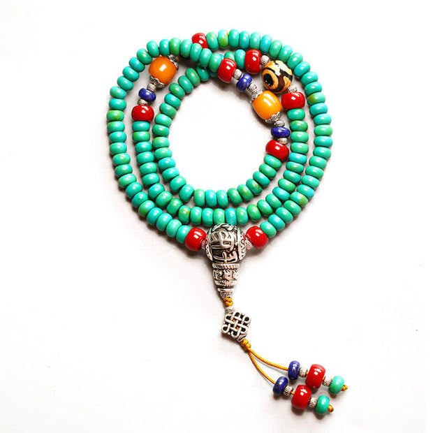 Buddha Stones 108 Mala Beads Tibetan Turquoise Dzi Bead Protection Bracelet Mala Bracelet BS 11
