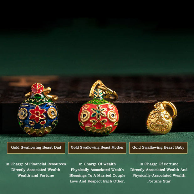 Buddha Stones Gold Swallowing Beast Family Charm Gold Foil Liuli Glass Bead Fortune Bracelet