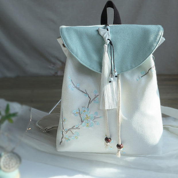 Buddha Stones Handmade Embroidered Large Capacity Canvas Backpack Backpack BS Blue Plum Blossom