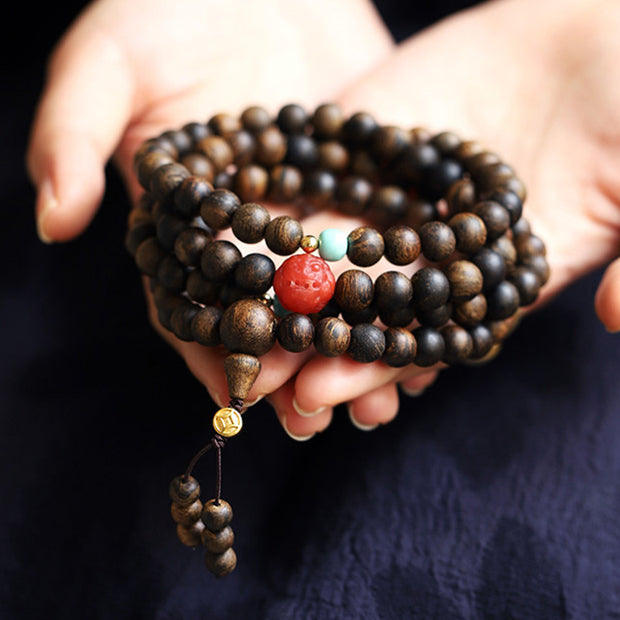Buddha Stones 108 Mala Beads Agarwood Red Agate Turquoise Peace Meditation Bracelet Bracelet Mala BS 2