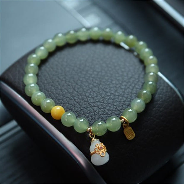 Buddha Stones 925 Sterling Silver Plated Gold Natural Hetian Jade Bead Gourd Lotus Bamboo Fu Character Luck Bracelet Bracelet BS Hetian Jade Gourd Fu Character(Wrist Circumference 14-16cm)