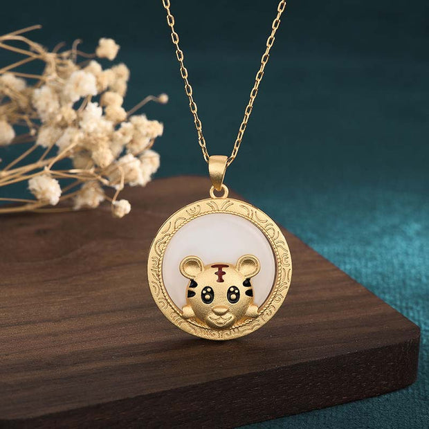 Buddha Stones White Jade Year of the Tiger Blessing Necklace Necklaces & Pendants BS White Jade