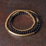 Buddha Stones Tibetan Various Agate Stone Copper Protection Triple Wrap Bracelet Bracelet BS 18cm Black Onyx