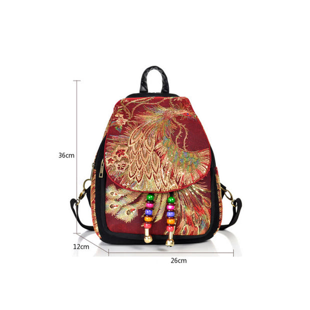 Buddha Stones Peacock Embroidery Canvas Tassel Backpack Backpack BS 20